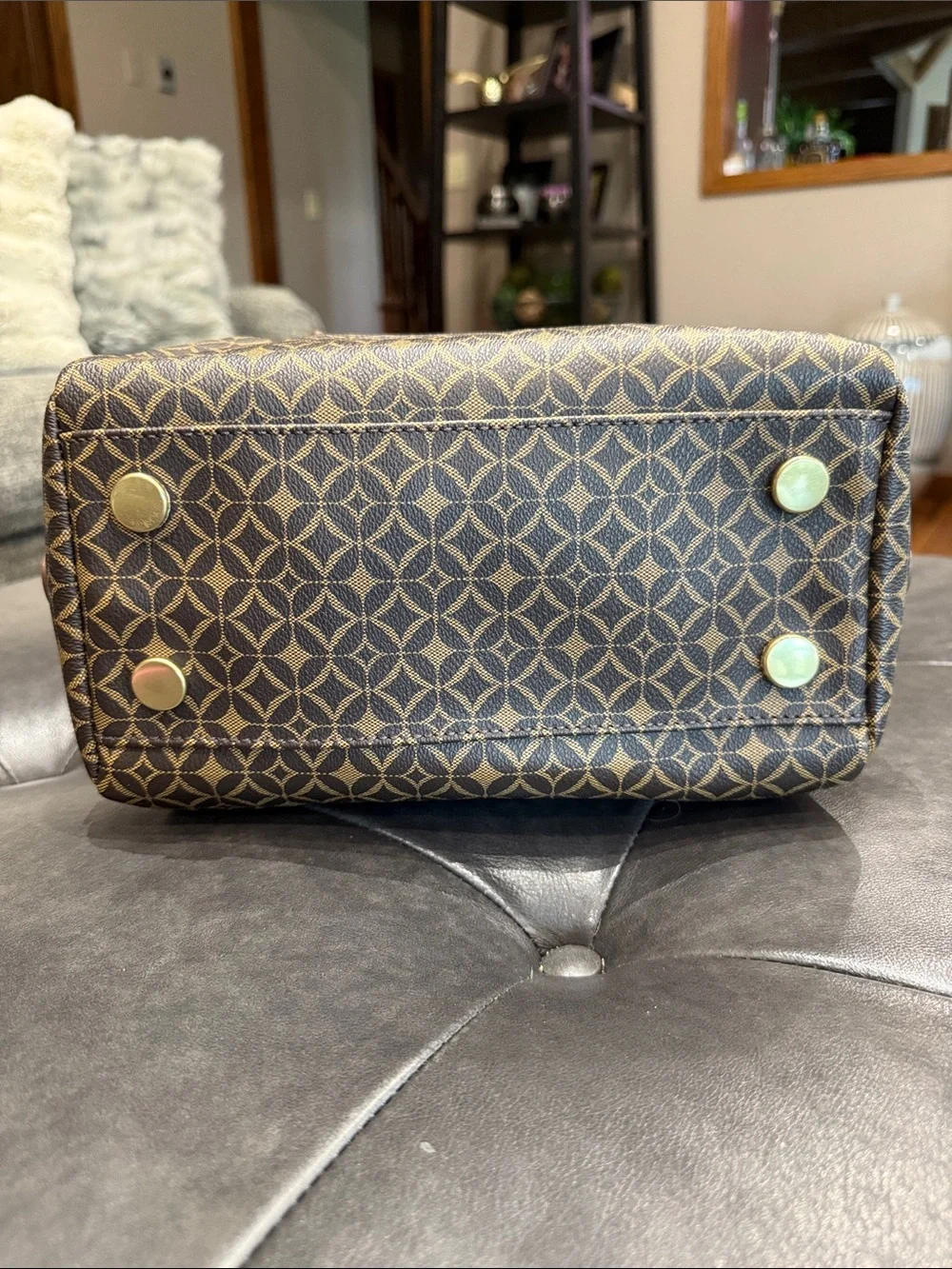 Fossil Sydney Satchel Handbag in Brown & Tan Patterned Coated Canvas
